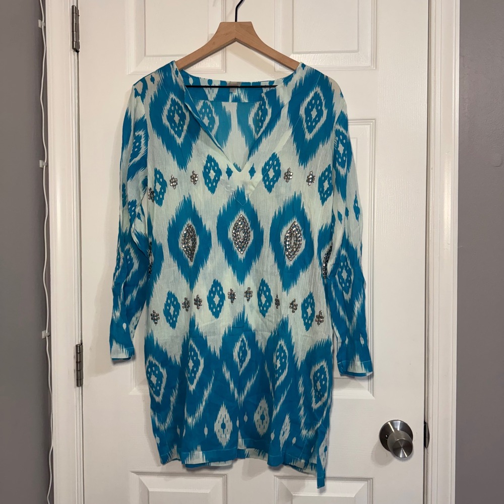 Echo Women Blue White Ikat Beaded‎ Cotton Tunic Dress Top S Boho Beach Coverup